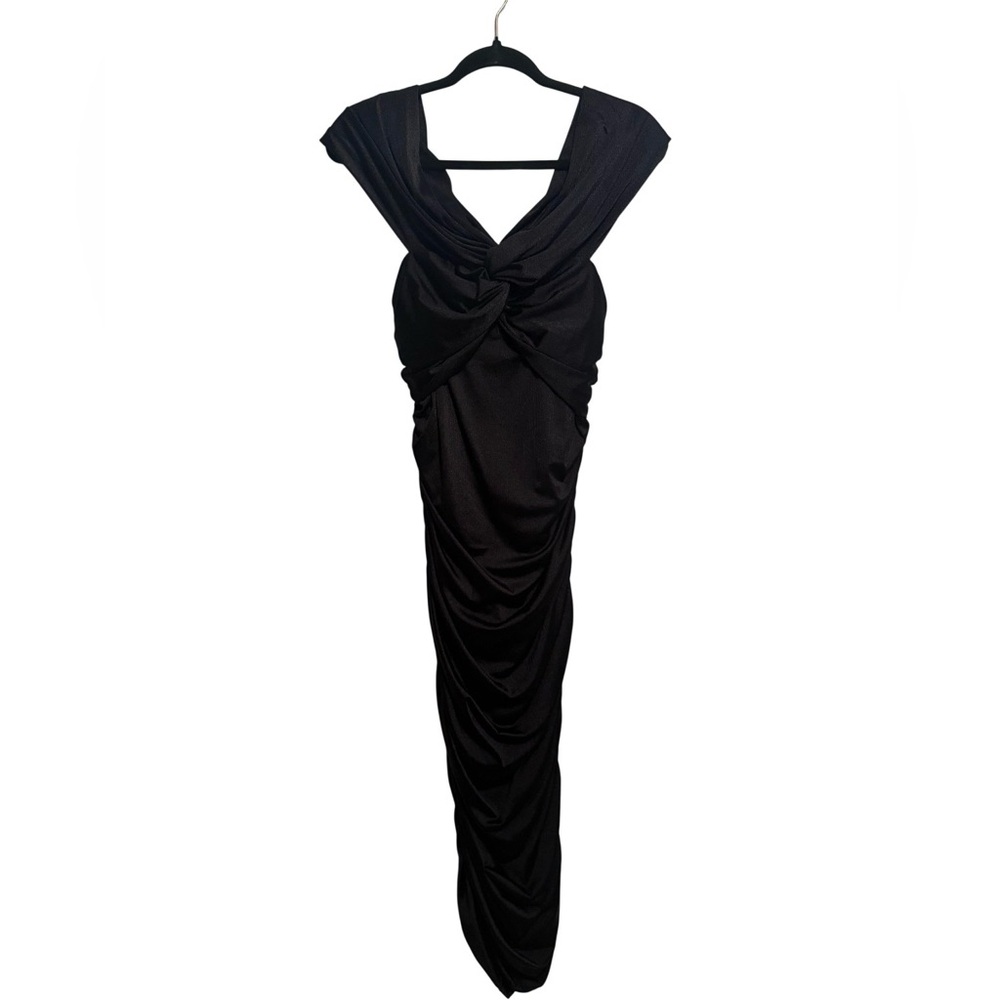 NEW Popilush Black Shapewear Off-Shoulder Ruched Shine Sculpting Midi Dress Lg - Picture 2 of 8